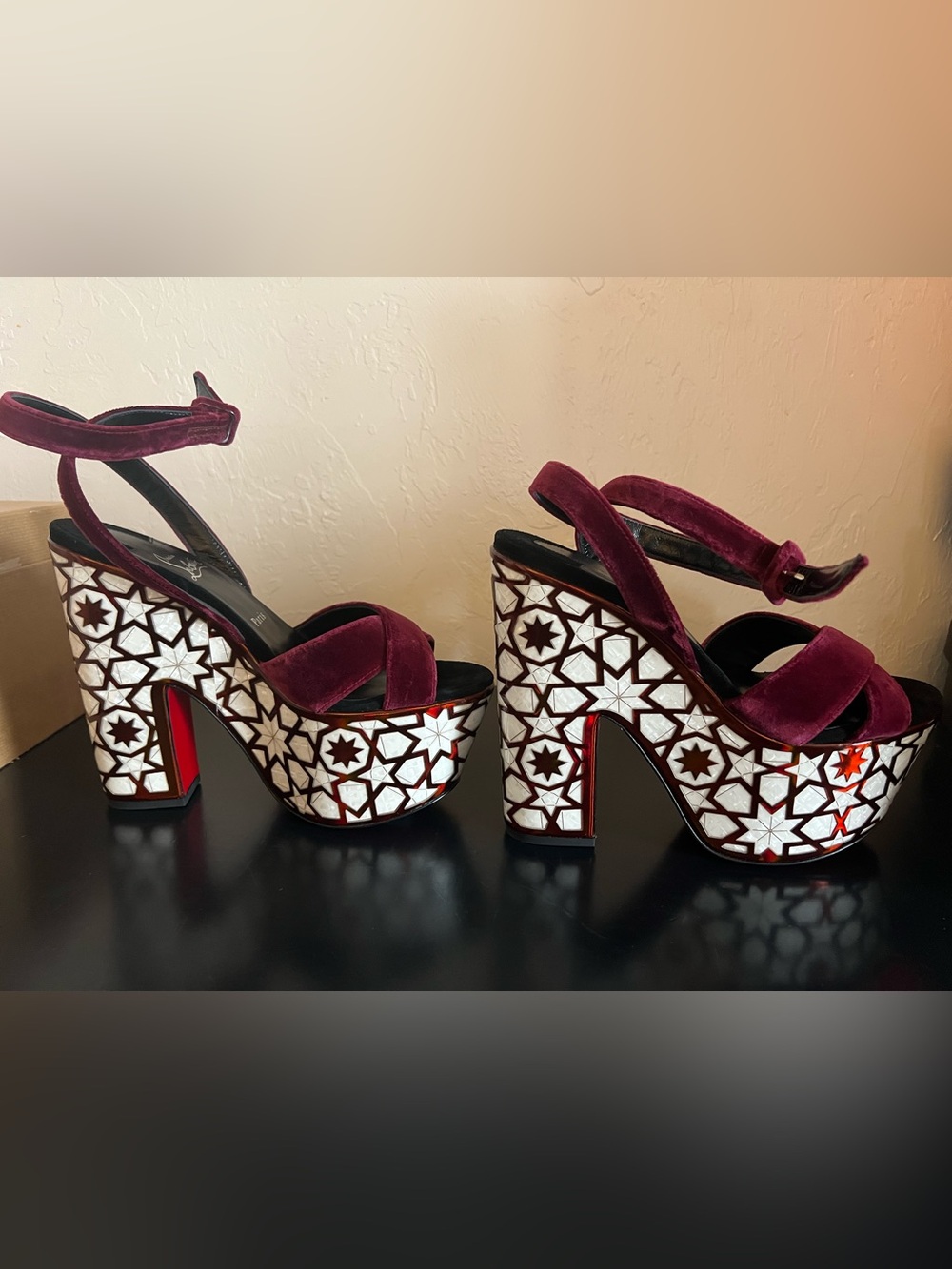 Christian Louboutin Superyaz Burgundy Velvet Platform Sandals with Mosaic-Inlay - Picture 4 of 13
